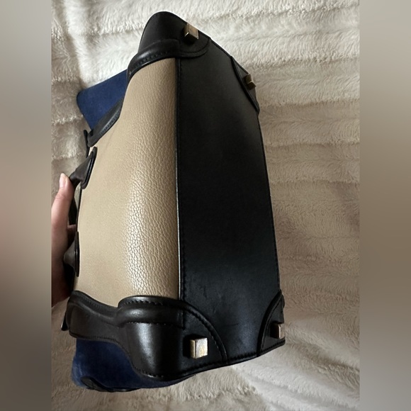 CELINE Tri-Color, Tan Calfskin Leather, Blue Suede, Black Trim, Luggage Tote Bag - Picture 6 of 11